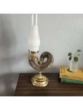 Vintage Faux Ram's Horn Candlestick Holder Brass Tabletop Large Hurricane Globe